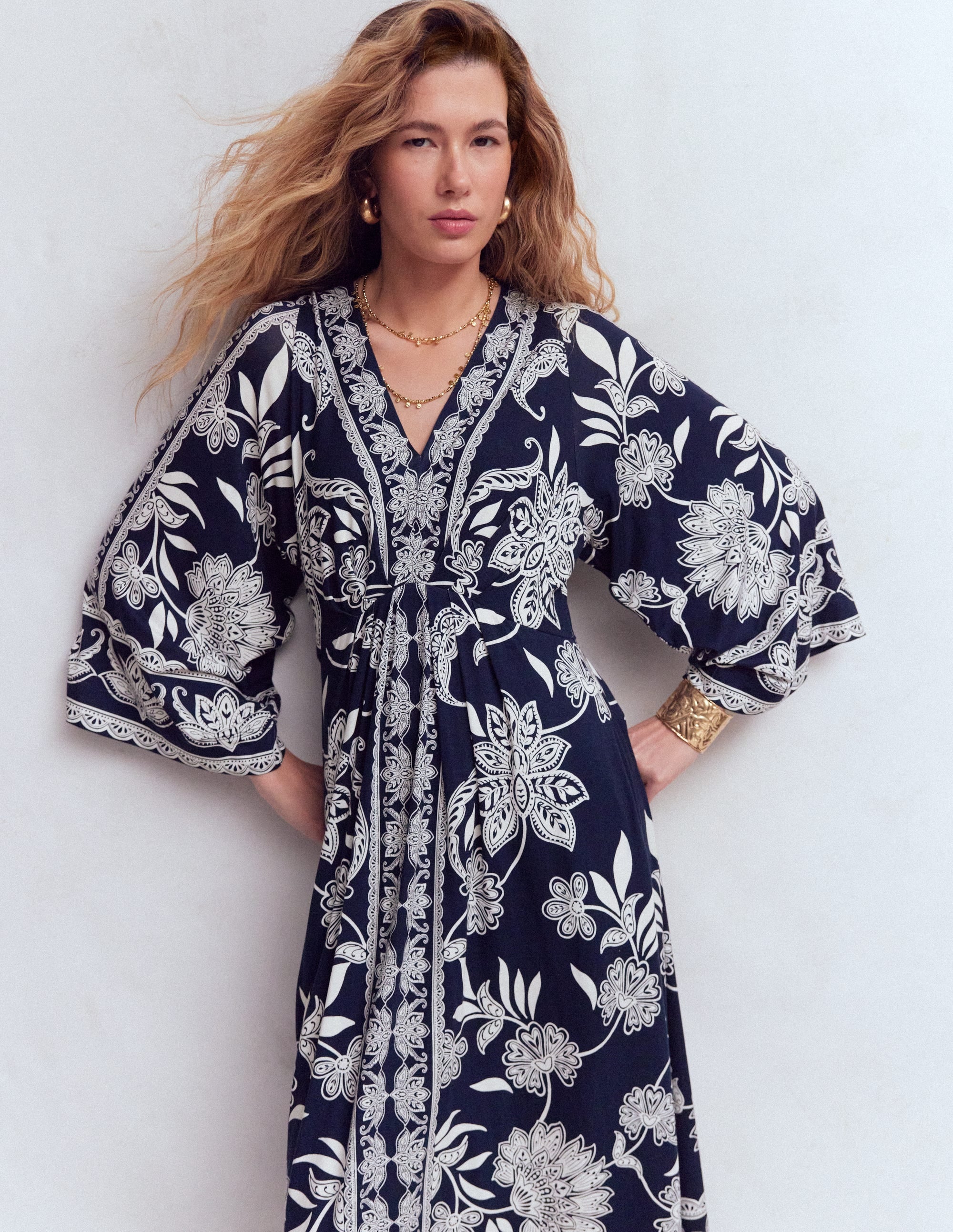 Nell Kimono Midi Jersey Dress-Navy, Elegant Blossom