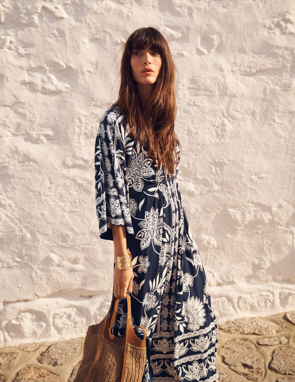 Nell Kimono Midi Jersey Dress-Navy, Elegant Blossom