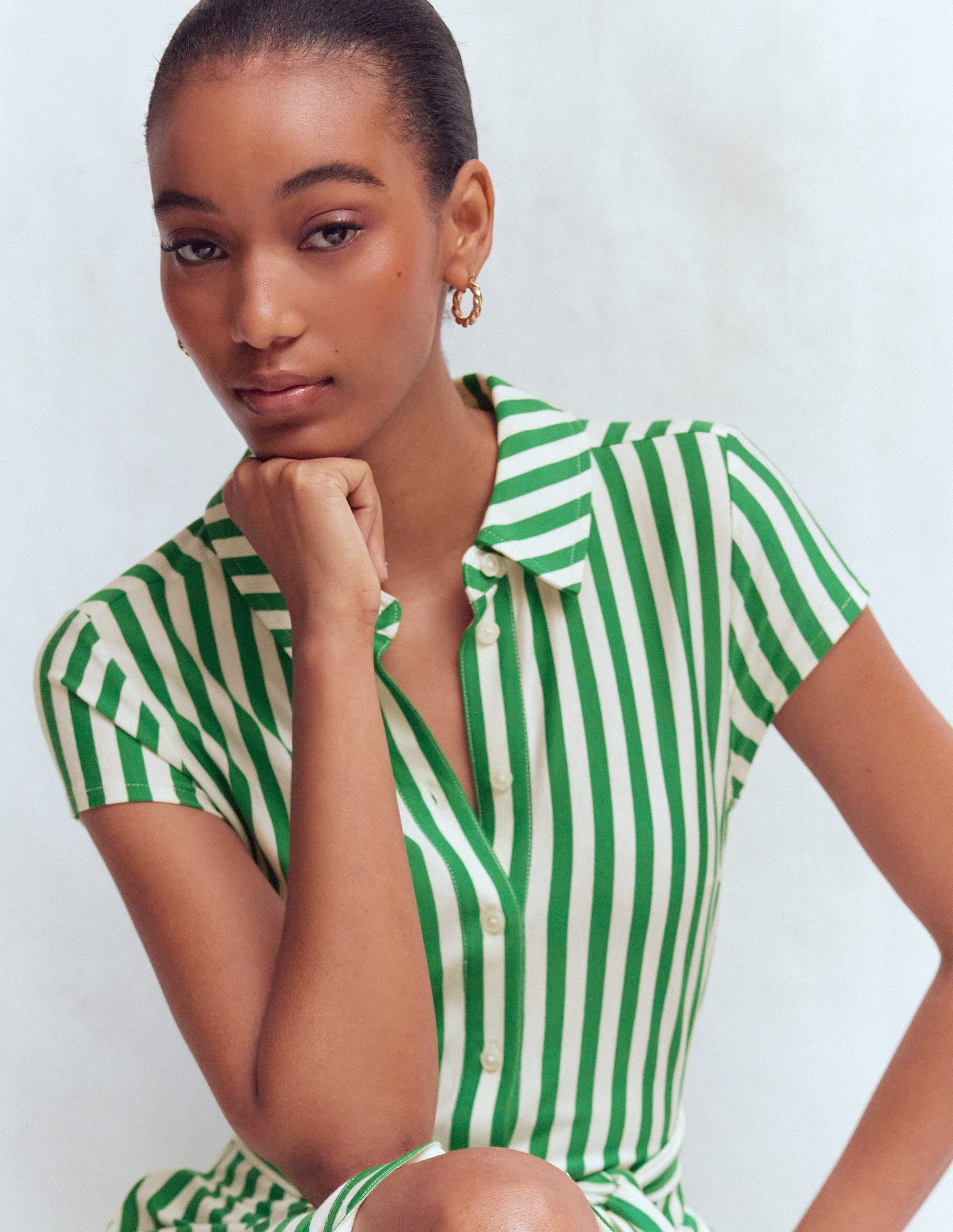 Marcia Jersey Shirt Dress-Green and Ivory Stripe