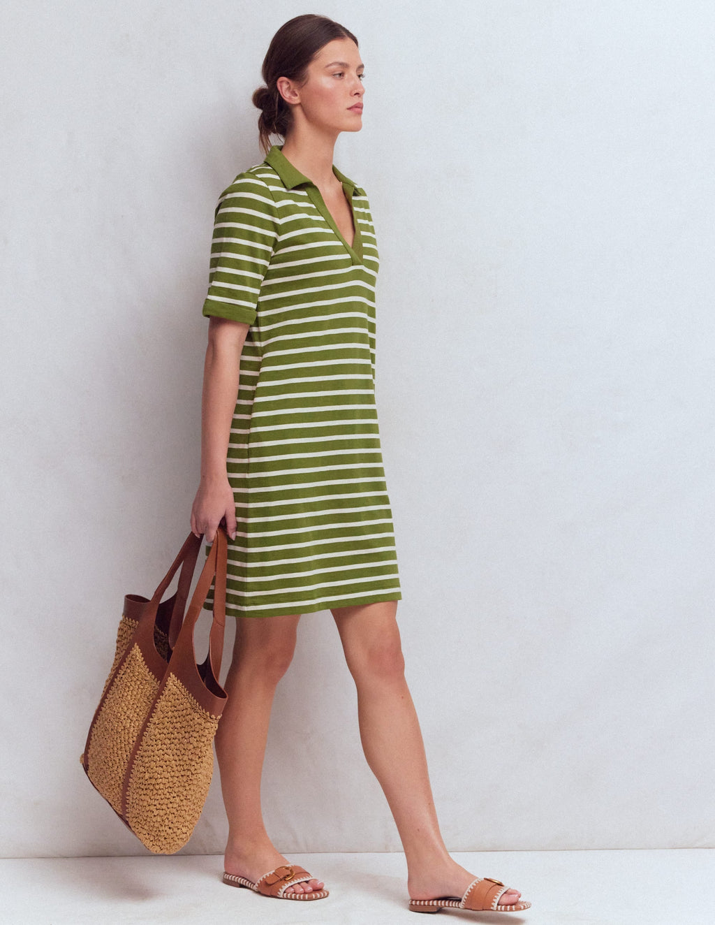 Tilda Jersey T-shirt Dress-Olive and Ivory Stripe