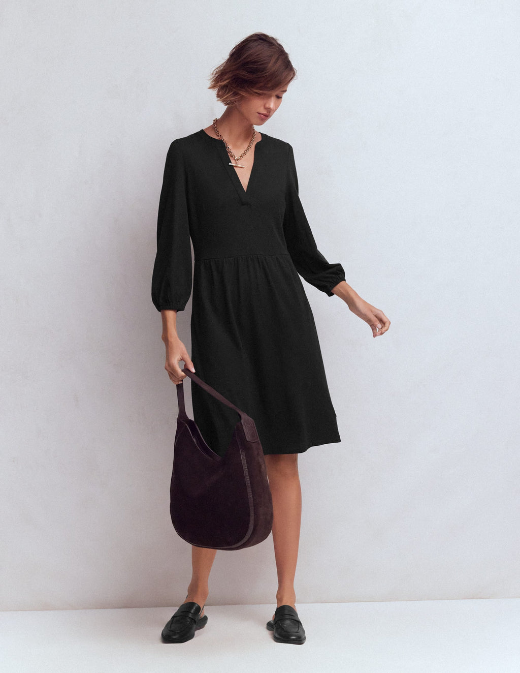 Cathy Notch Neck Jersey Dress-Black