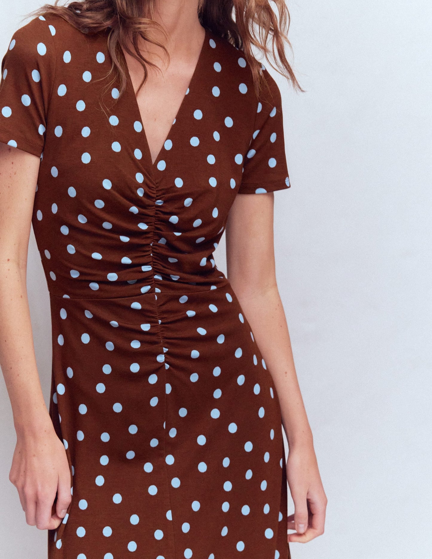 Una Ruched Front Ponte Dress-Raw Umber, Painted Dot