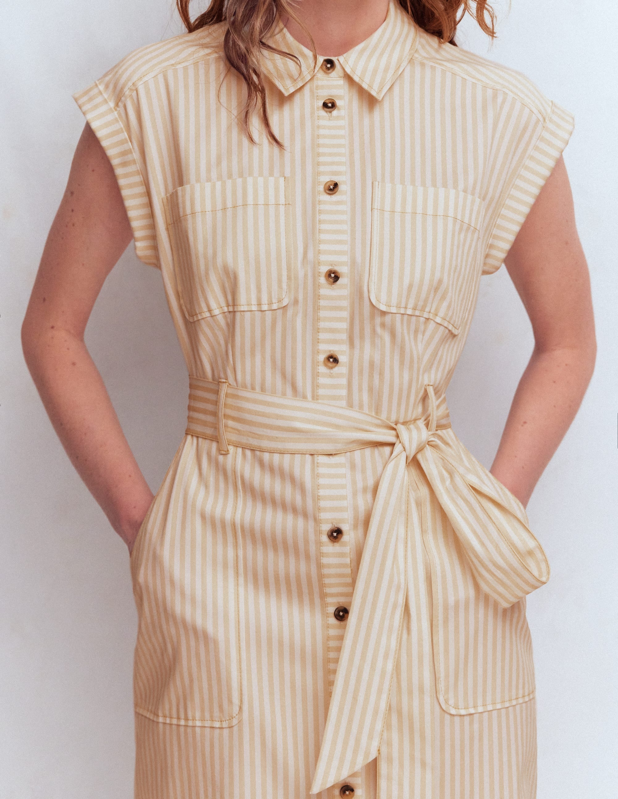 Short Belted Shirt Dress-Brown, Ivory Ticking Stripe
