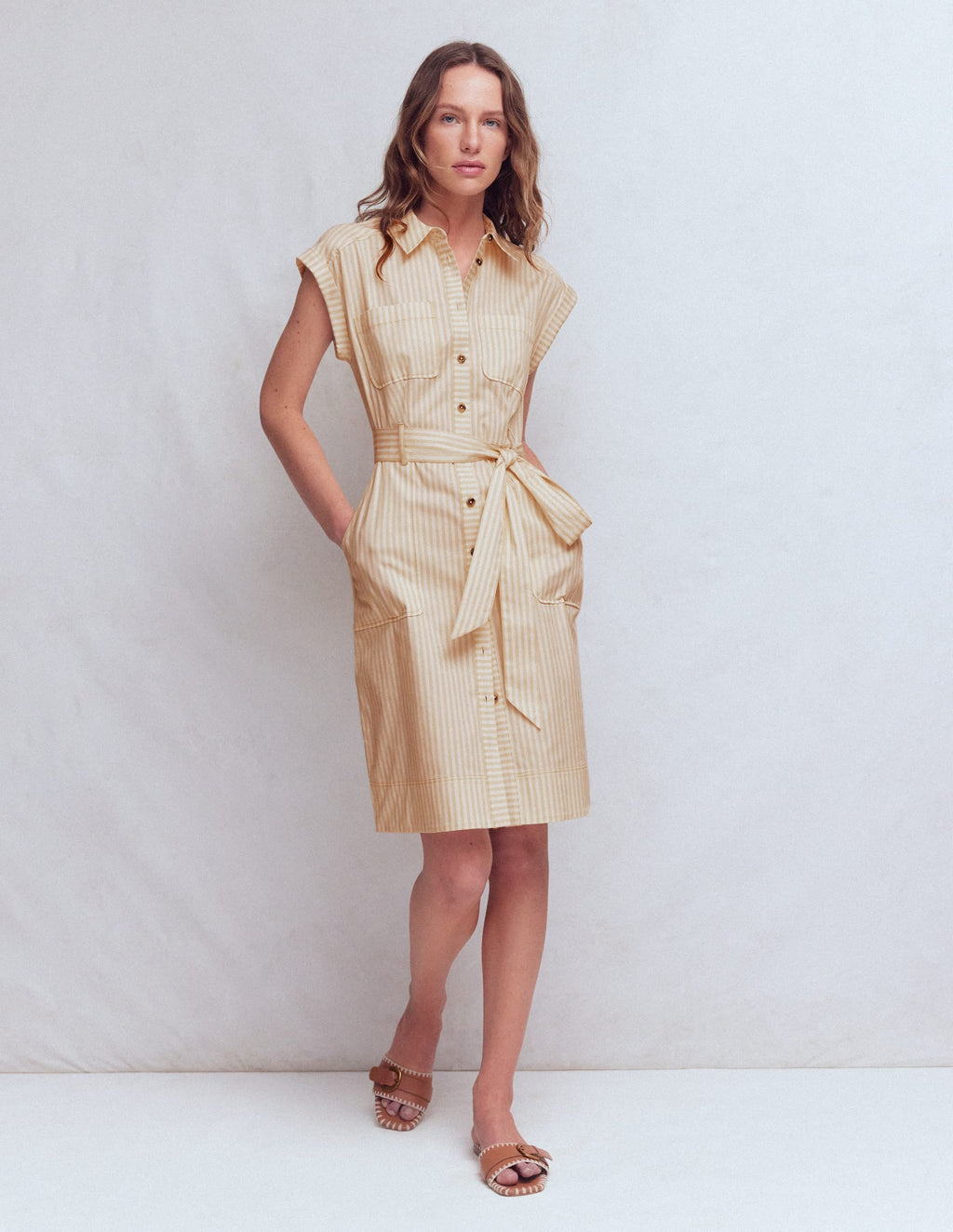 Short Belted Shirt Dress-Brown, Ivory Ticking Stripe