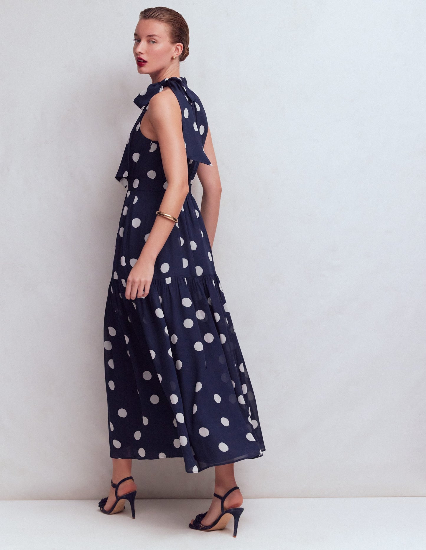 Roisin Tie Neck Maxi Dress-Navy Painted Dot Spaced