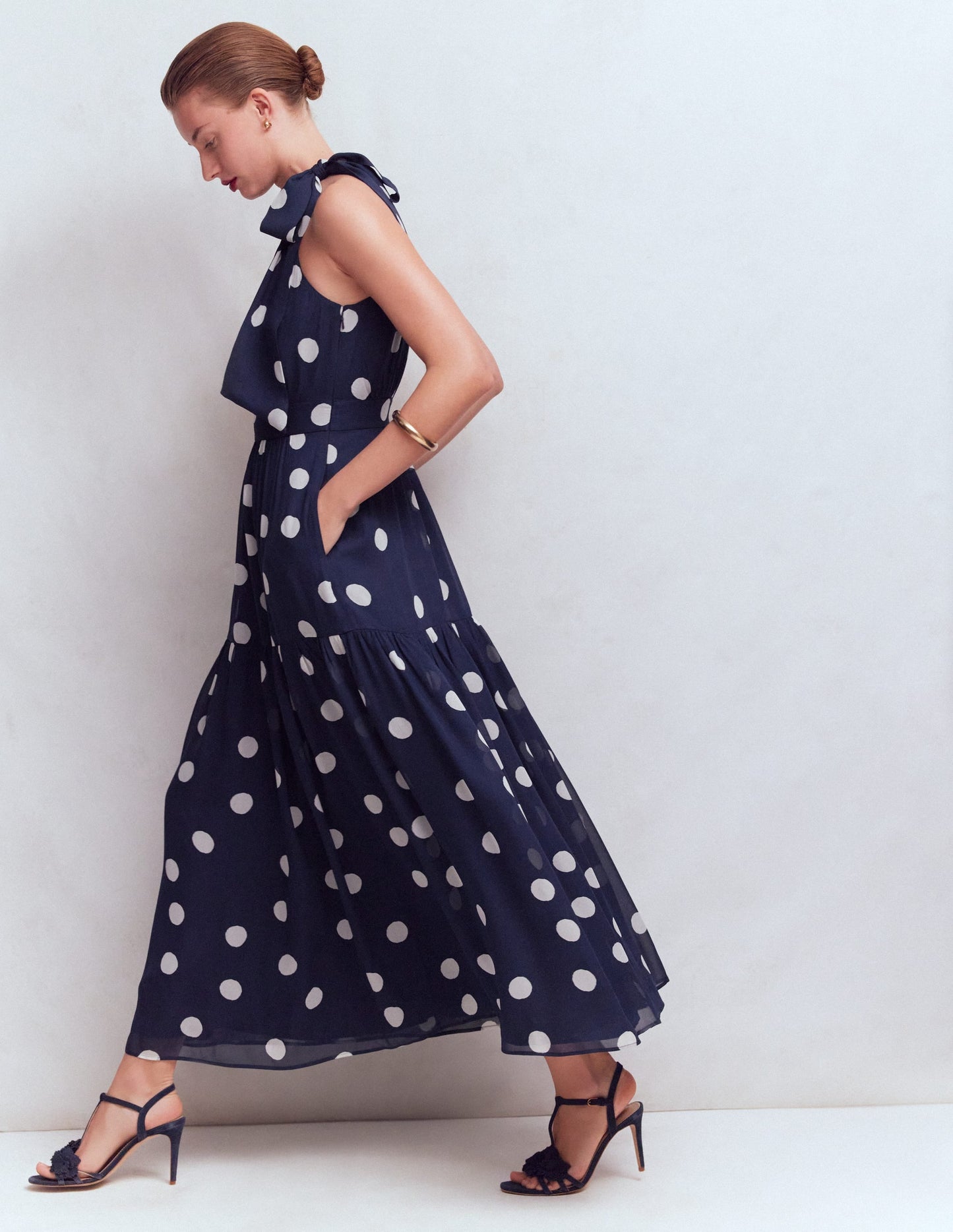 Roisin Tie Neck Maxi Dress-Navy Painted Dot Spaced