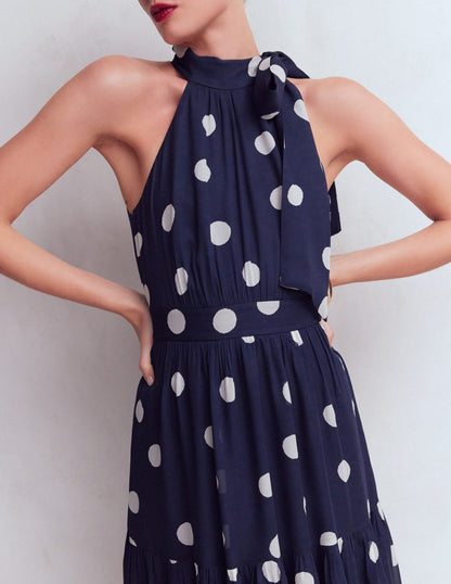 Roisin Tie Neck Maxi Dress-Navy Painted Dot Spaced