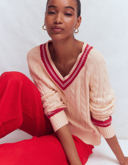 Maeve Textured Cotton Jumper-Ivory Cable, Red