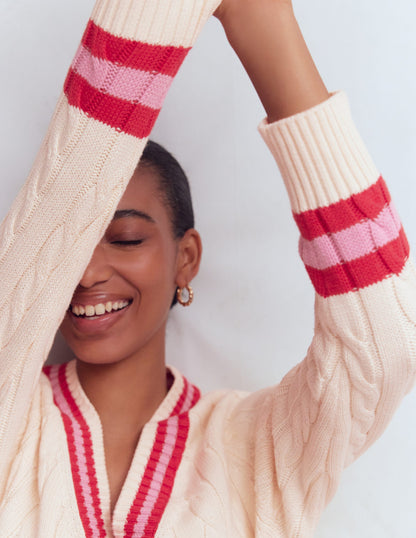 Maeve Textured Cotton Jumper-Ivory Cable, Red