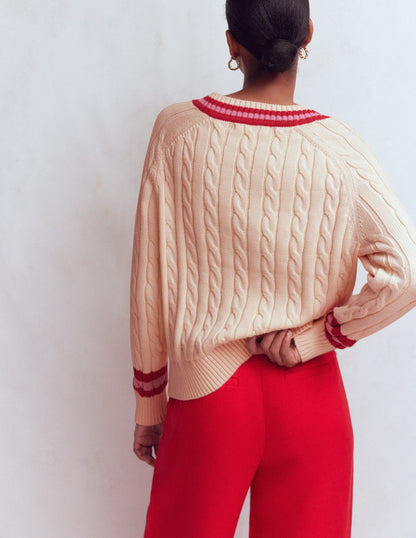 Maeve Textured Cotton Jumper-Ivory Cable, Red