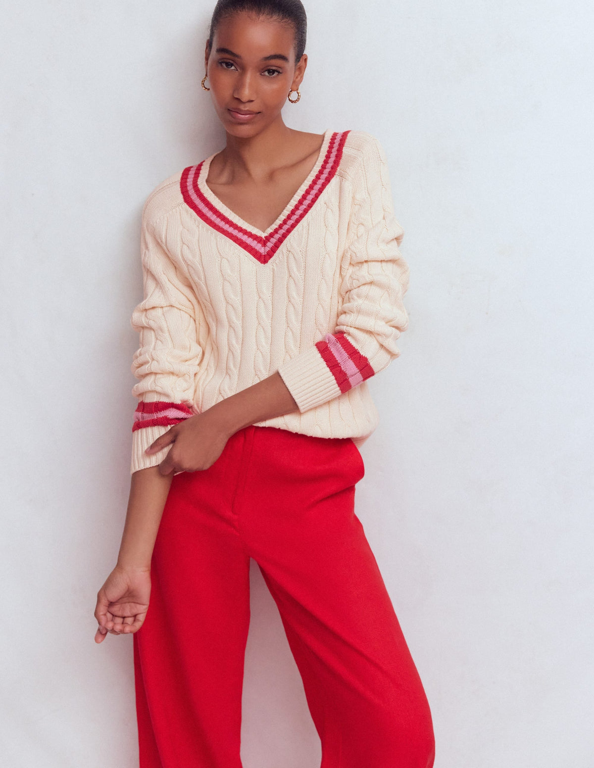 Maeve Textured Cotton Jumper-Ivory Cable, Red