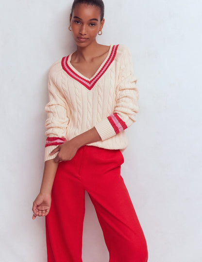 Maeve Textured Cotton Jumper-Ivory Cable, Red