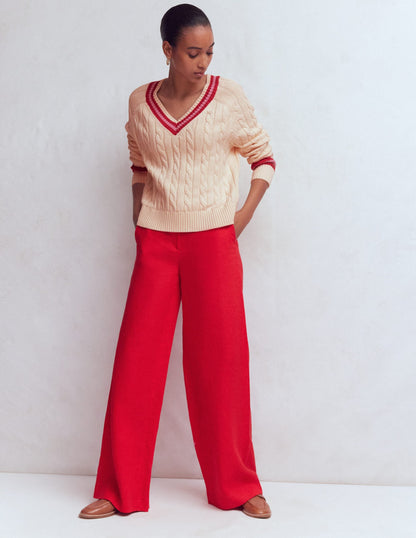 Maeve Textured Cotton Jumper-Ivory Cable, Red