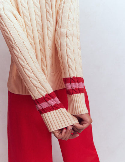 Maeve Textured Cotton Jumper-Ivory Cable, Red
