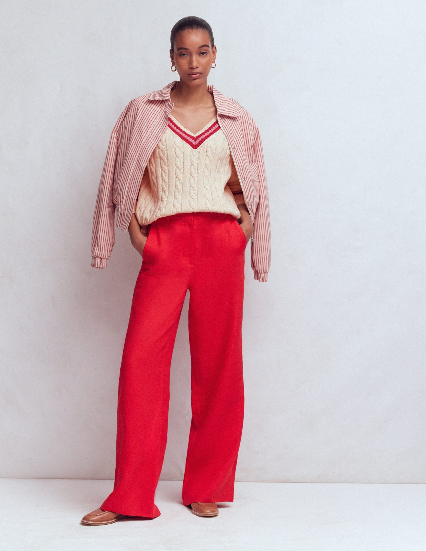 Maeve Textured Cotton Jumper-Ivory Cable, Red