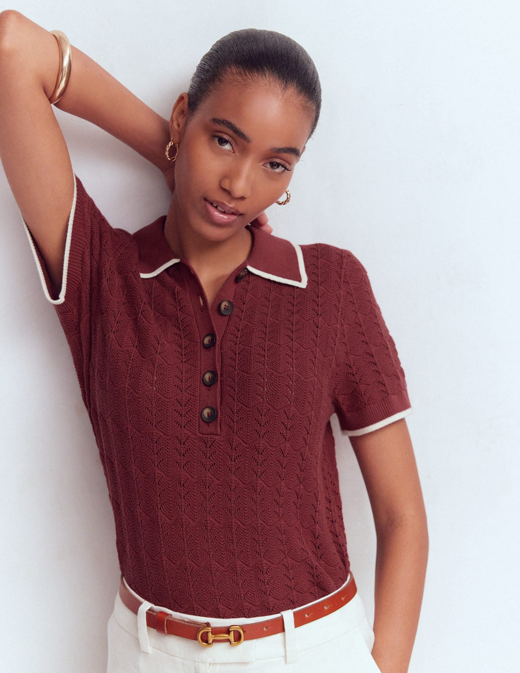 Pointelle Henley T-shirt-Rich Chestnut