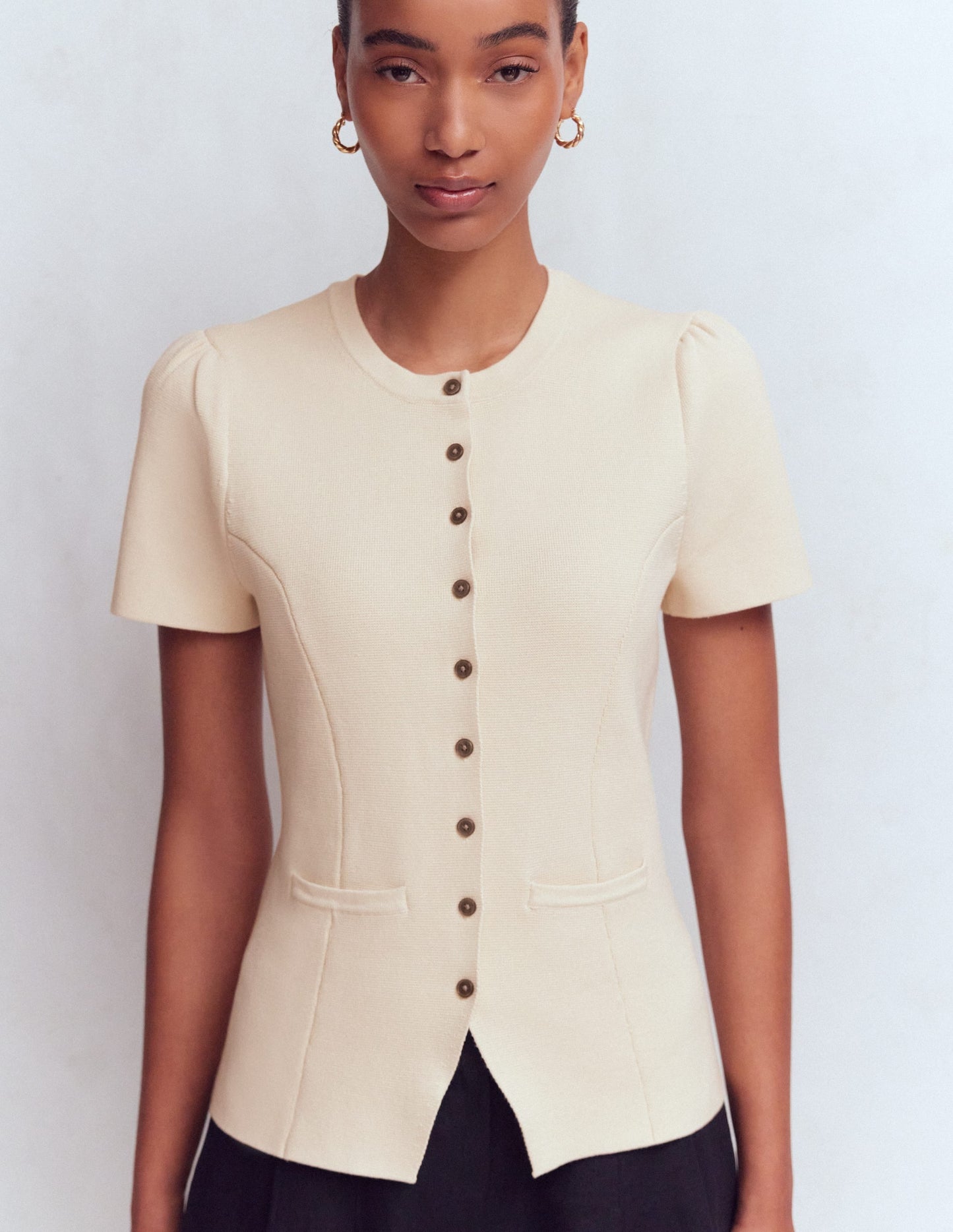 Short Sleeve Knitted Jacket-Ivory