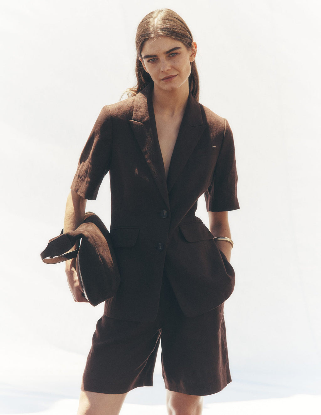 Chelsea Belted Linen Shorts-Bitter Chocolate