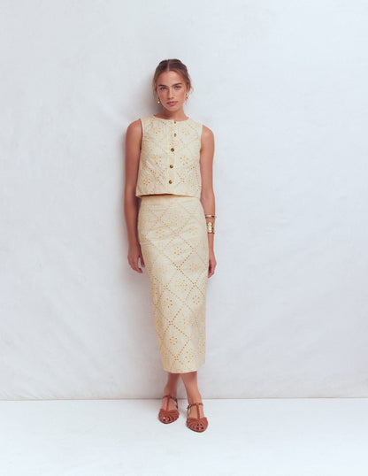 Textured Column Skirt-Ivory Broderie