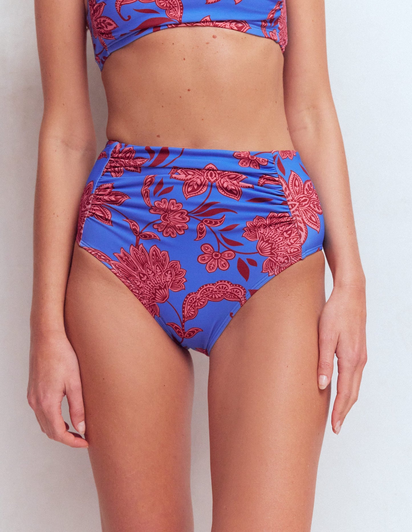 Kythira Ruched Bikini Bottoms-Blue, Elegant Blossom