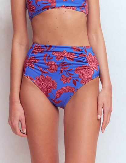 Kythira Ruched Bikini Bottoms-Blue, Elegant Blossom
