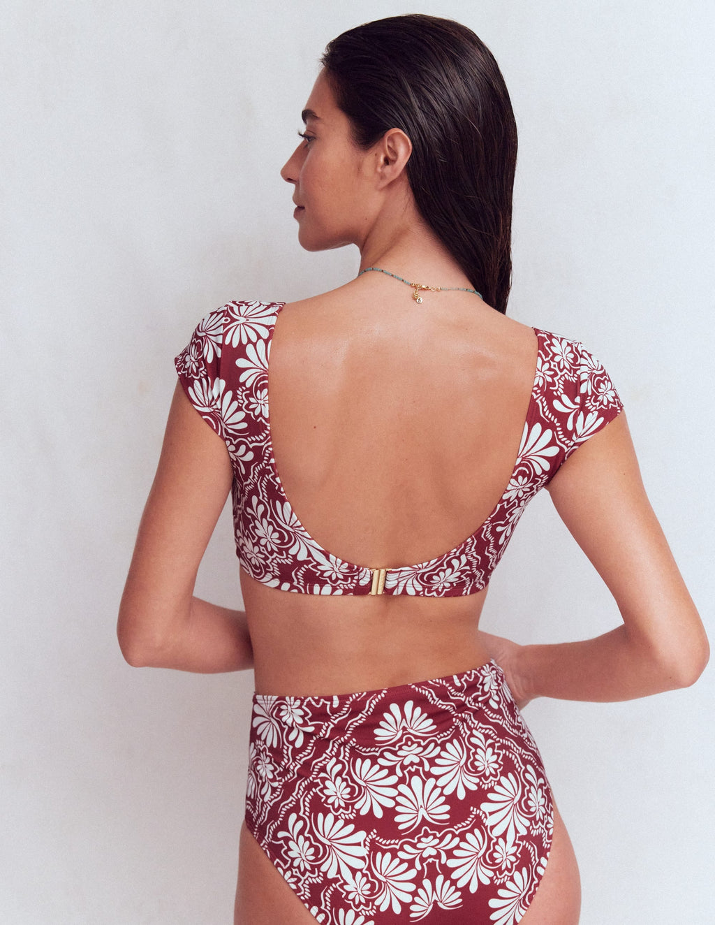 Sweetheart Sleeve Bikini Top-Maroon, Botanical Charm