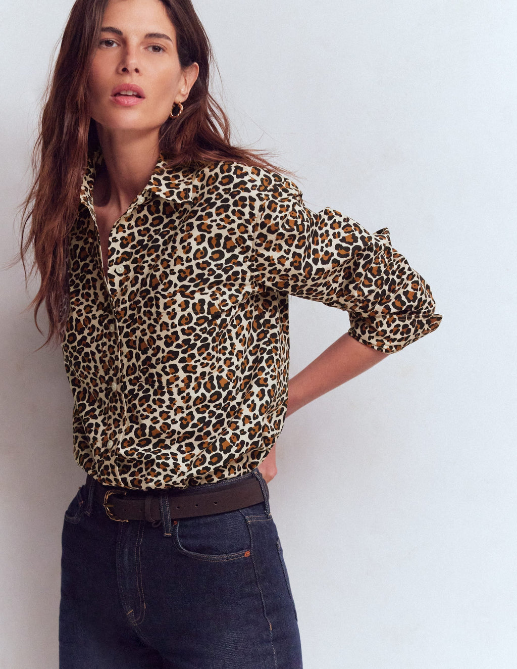 Sadie Relaxed Cotton Shirt-Soft Cream, Leopard Flow