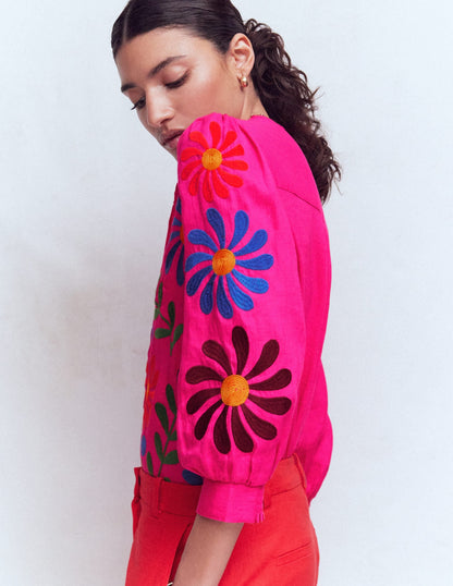 Alicia Linen Top-Pink Peony, Flower Embroidery