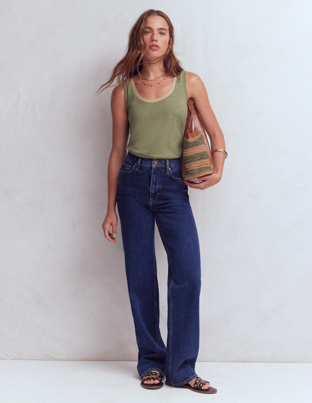 Metallic Trim Scoop Neck Vest-Larch Green
