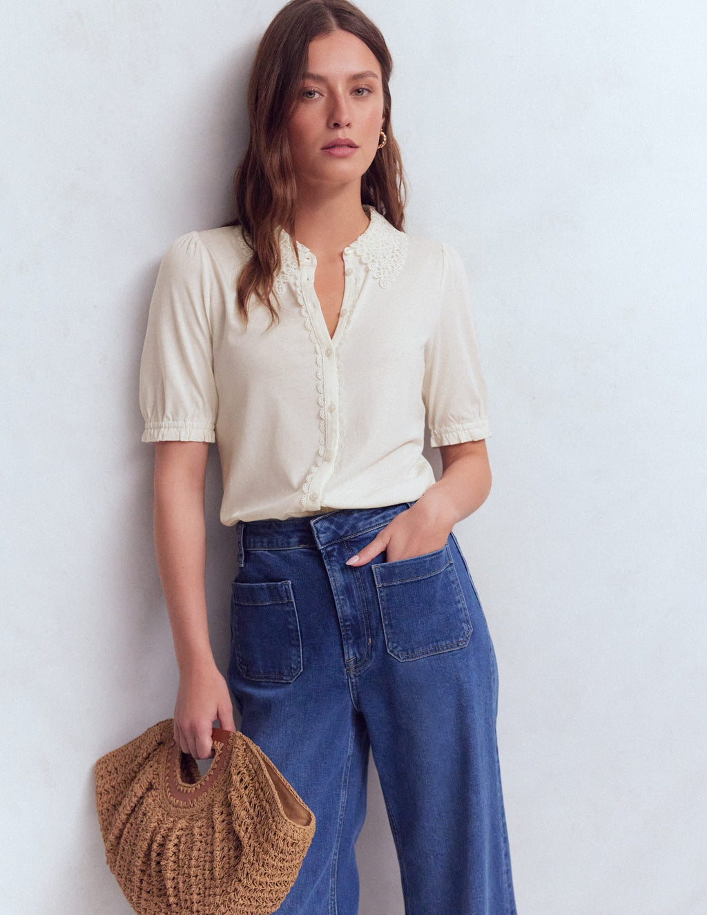 Nessa Broderie Collar Blouse-Ivory
