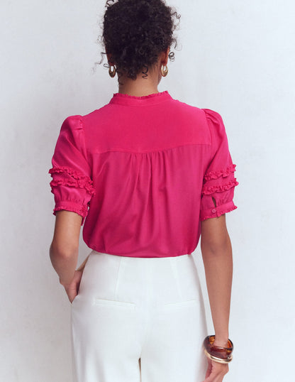Short Sleeve Silk Ruffle Top-Vibrant Pink