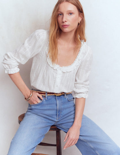 Scoop Neck Ruffle Top-White