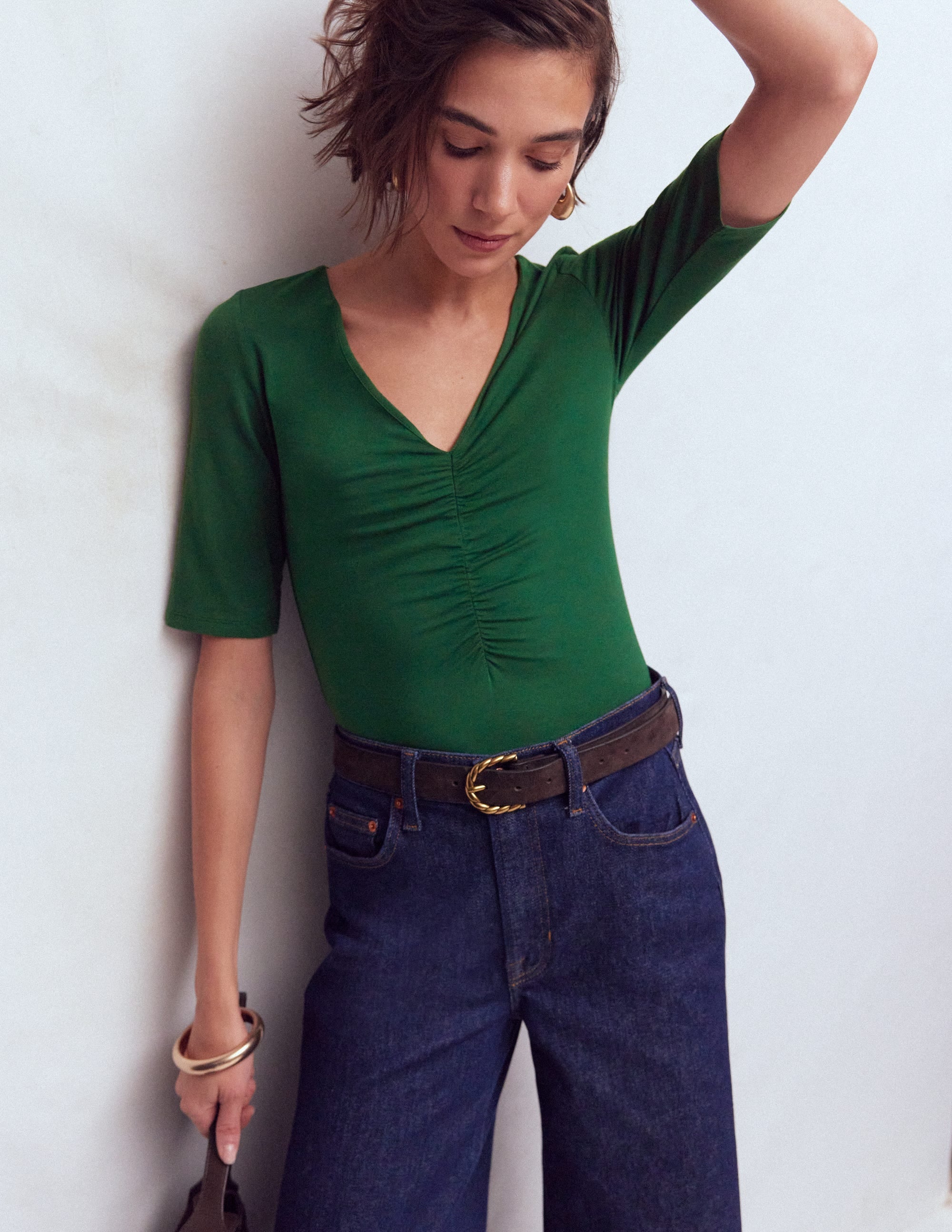 Tia Ruched V-neck Top-Hunter Green