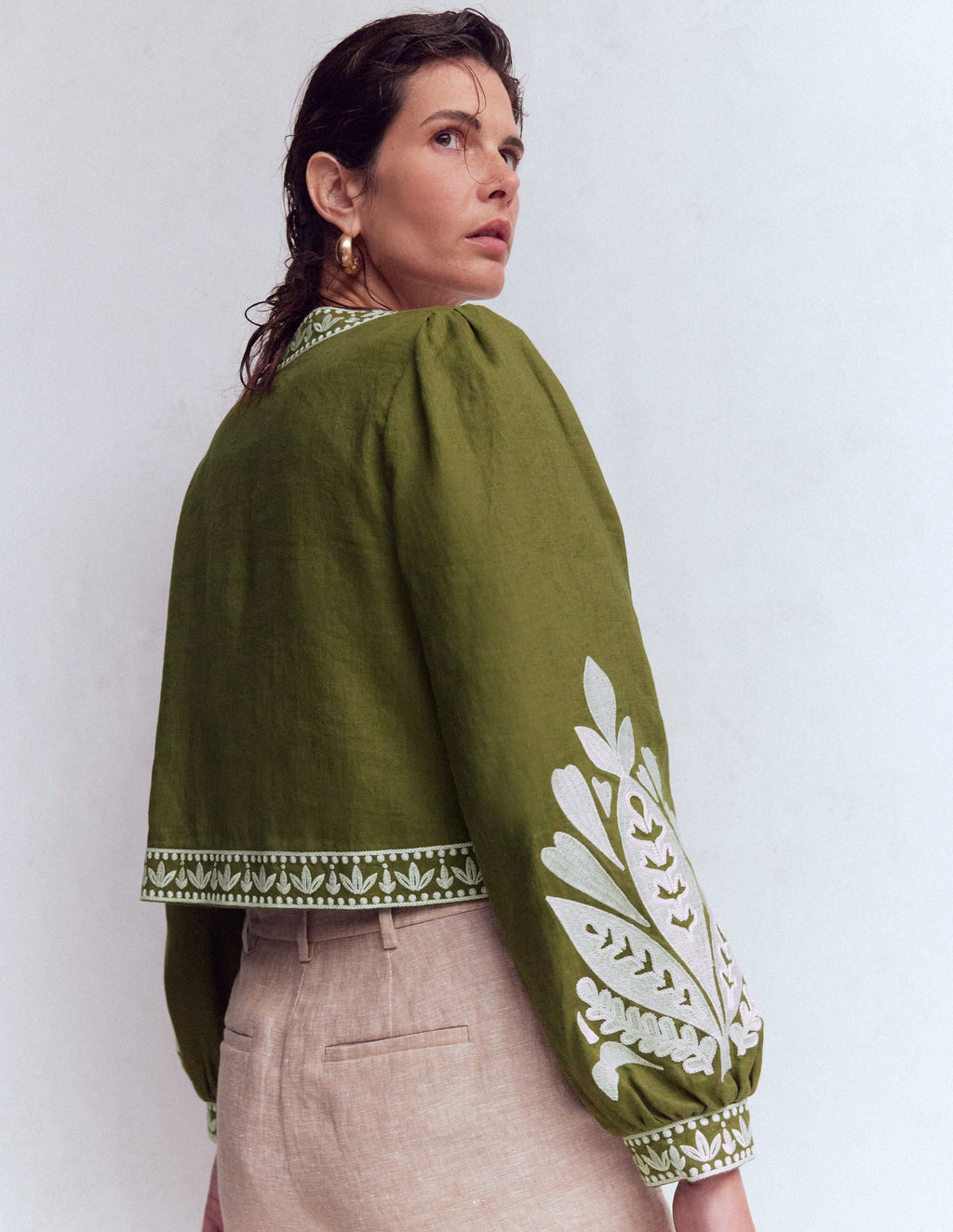 Embroidered Linen Jacket-Woodland Green