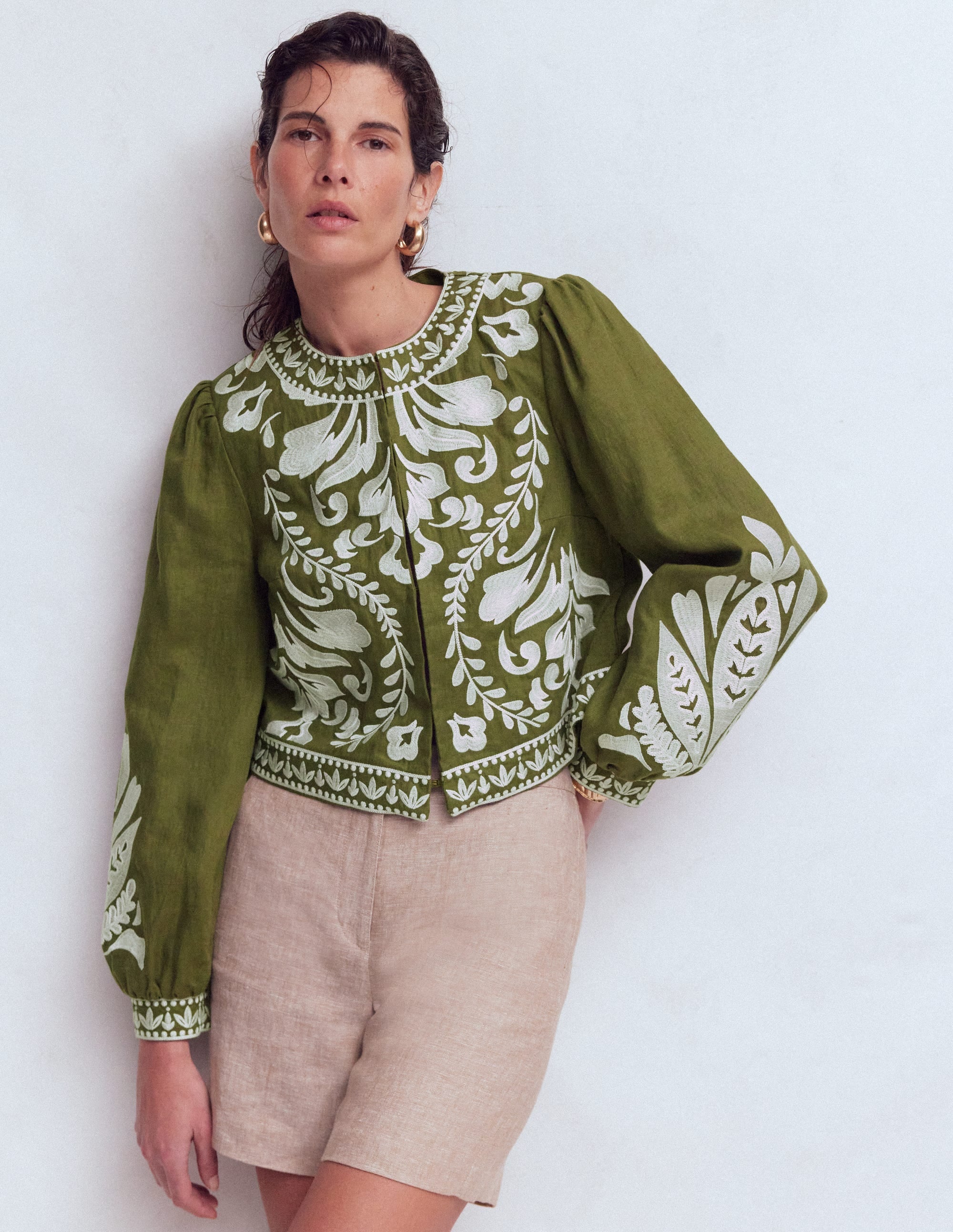 Embroidered Linen Jacket-Woodland Green