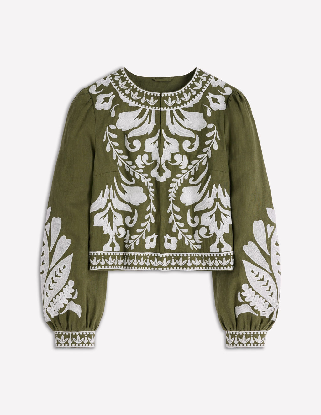 Embroidered Linen Jacket-Woodland Green