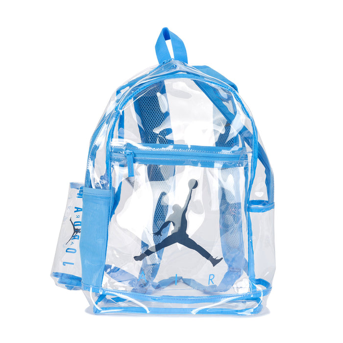 Clear blue school backpack with attached pencil case, transparent front pocket
