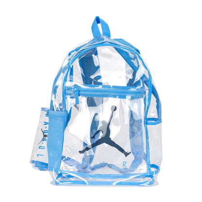 Clear blue school backpack with attached pencil case, transparent front pocket