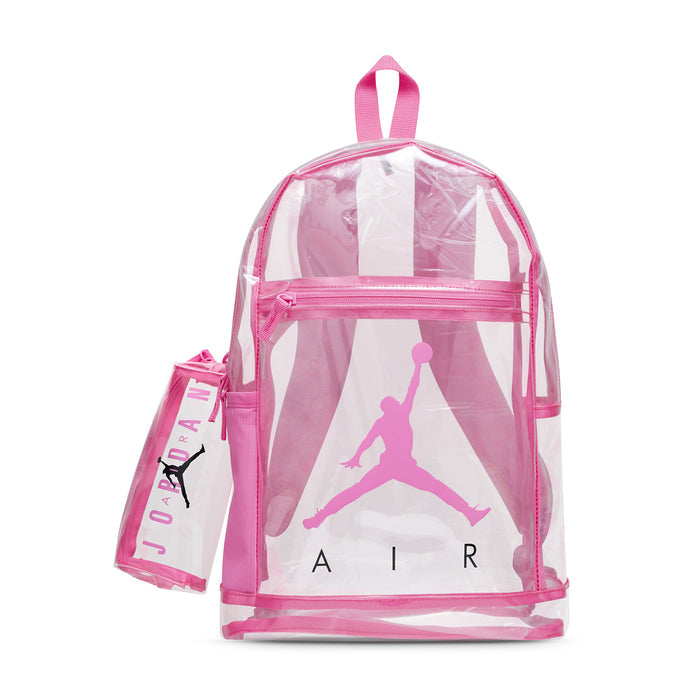 Clear pink school backpack with Jordan graphic and matching pencil case, front view