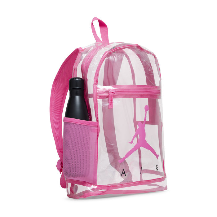 Clear pink backpack with side pocket and Jordan graphic, includes matching pencil case