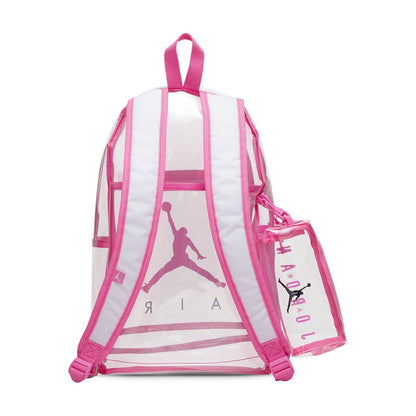 Clear pink school backpack with back straps and Jordan graphic, plus matching pencil case