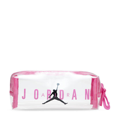 Clear pink pencil case pouch with Jordan logo graphic and zipper pull