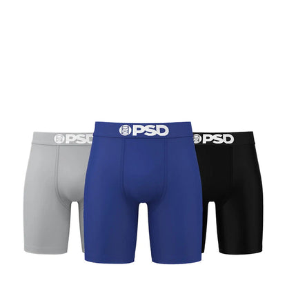 3-pack cotton blend boxer briefs in gray, blue, and black, PSD logo waistband