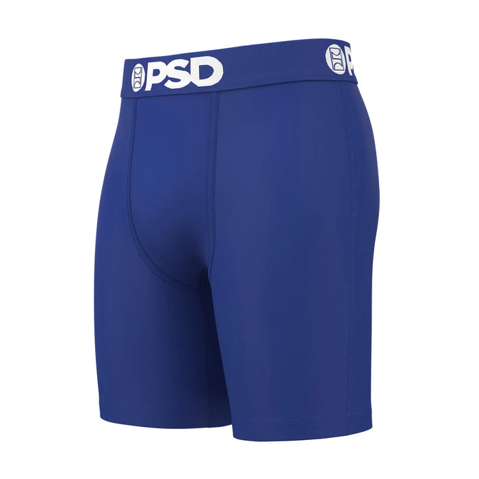 Blue cotton blend boxer briefs with PSD logo waistband, contoured front