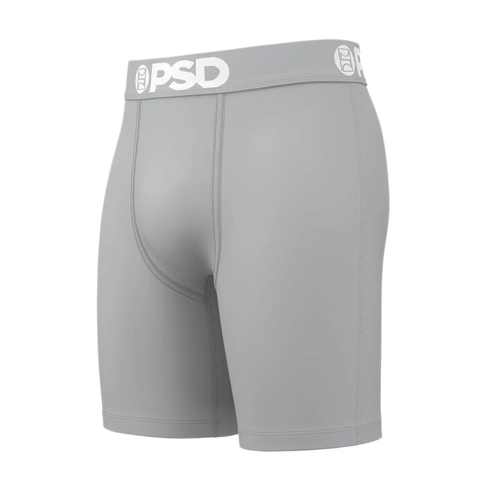 Gray cotton blend boxer briefs with PSD logo waistband, contoured front