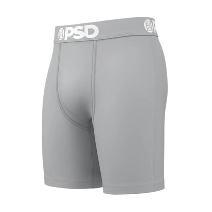 Gray cotton blend boxer briefs with PSD logo waistband, contoured front