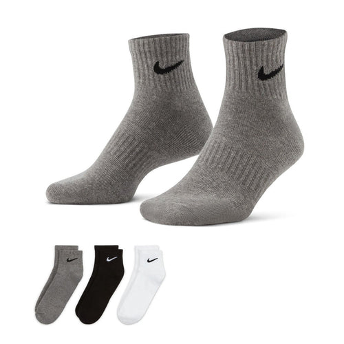 Pack of quarter crew socks in gray with black Nike swoosh