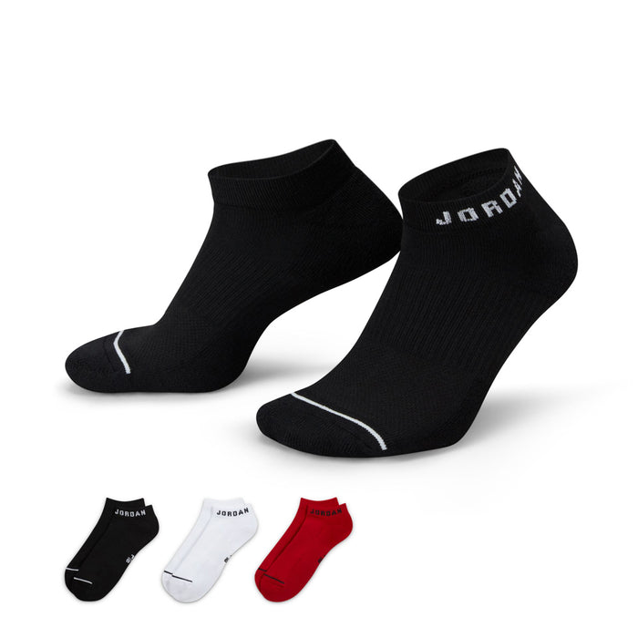 3-pack no-show socks in black, white, and red with Jordan logo