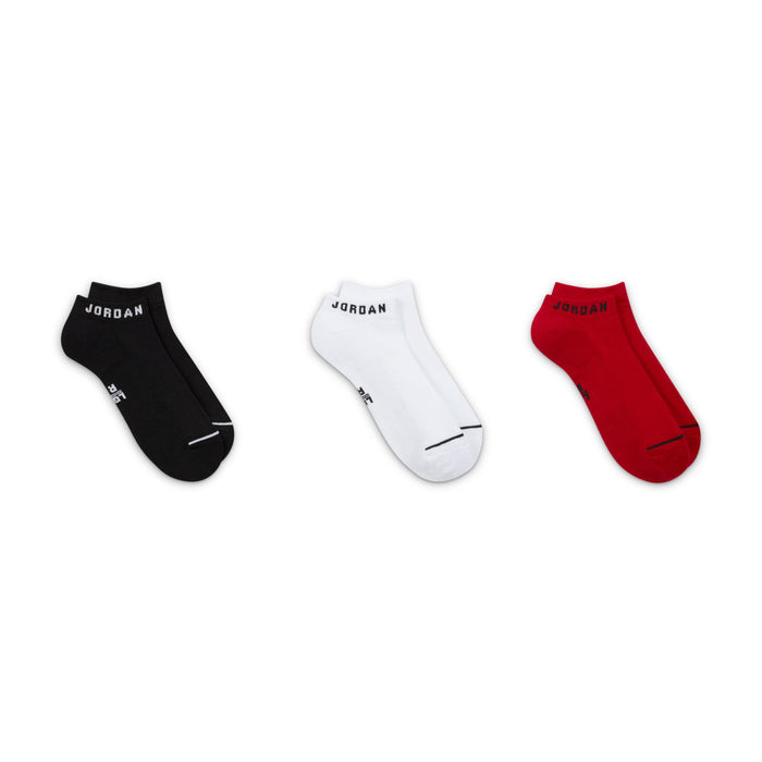 No-show socks trio with Jordan logos in black, white, and red