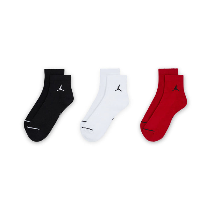 3-pack quarter crew socks in black, white, and red, with white Jordan logos